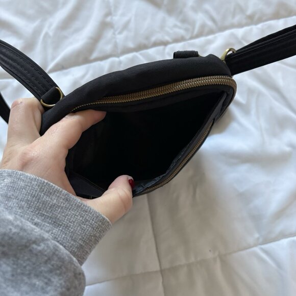 Travelon Signature Slim Day Bag Crossbody Black Canvas Pockets Blue Inside - Picture 8 of 12